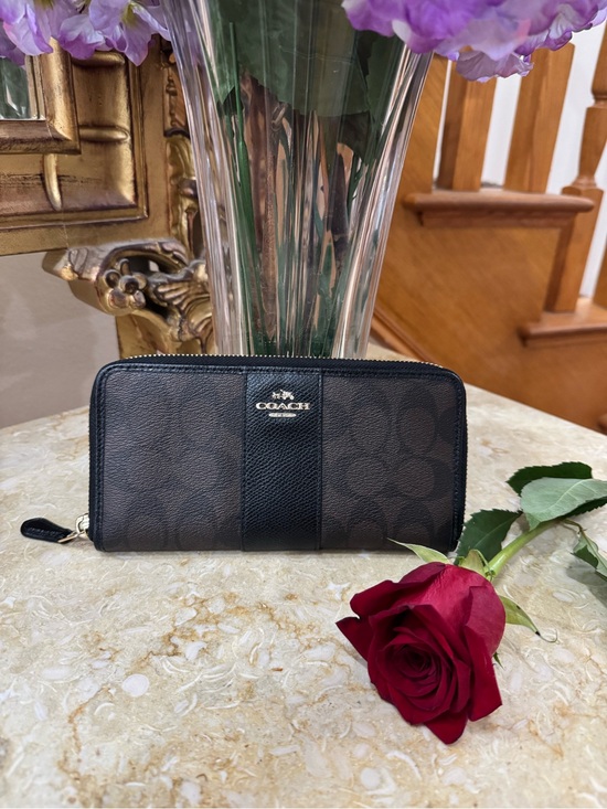 Coach Handbags - Coach Brown and Black Signature Zip Wallet